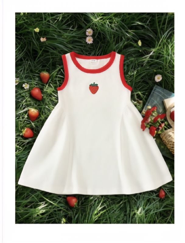VESTIDO BLANCO CON DETALLES ROJOS Y FRESA