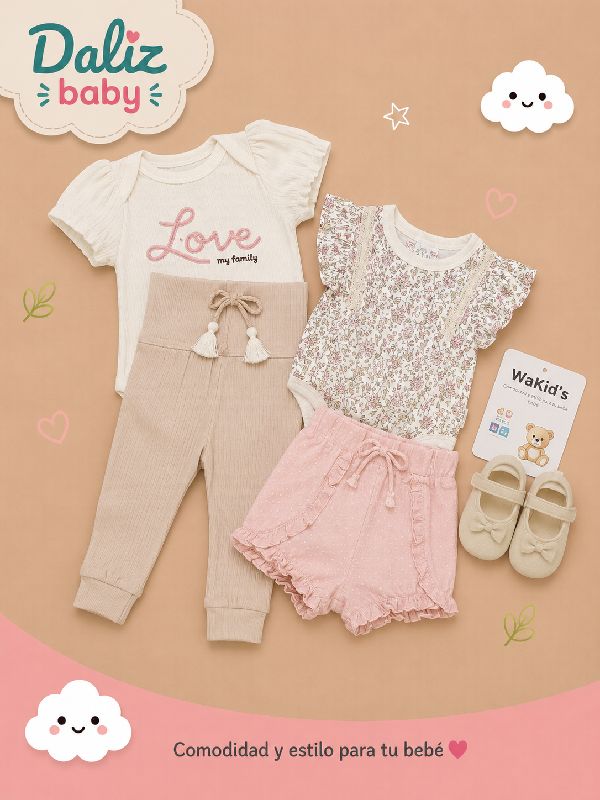 CONJUNTO TIPO MAMELUCO DE 4 PIEZAS PARA NIÑA CUTIE BABY TONOS NEUTROS