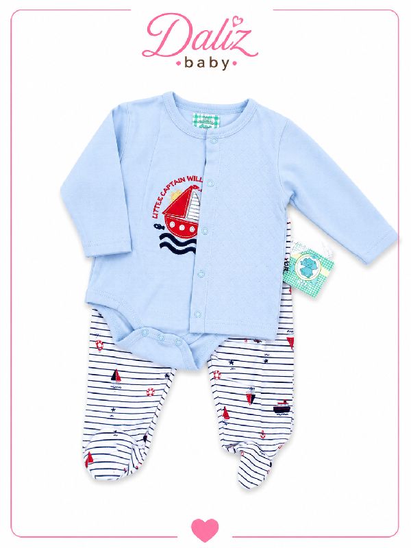 CONJUNTO TIPO MAMELUCO CON PIE DE 3 PIEZAS EURO BABY 0-3 M DISEÑO DE BARQUITO