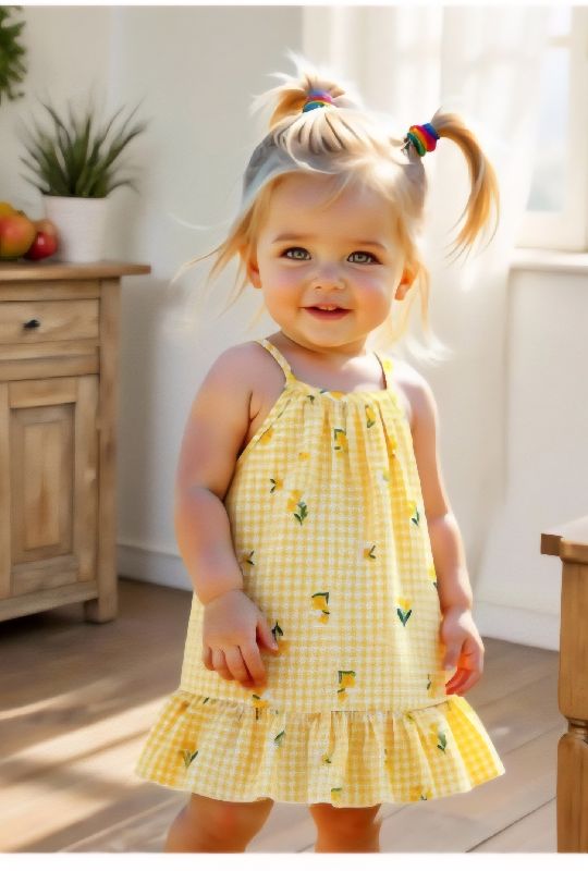 VESTIDO AMARILLO A CUADROS CON DISEÑO DE FLORES