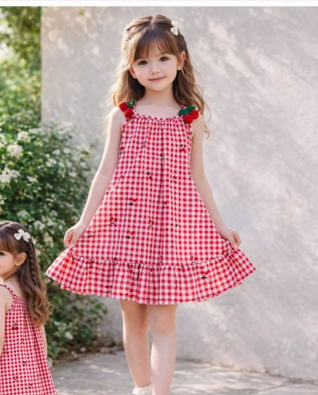VESTIDO ROJO CUADRICULADO CON ESTAMPADO DE CEREZA