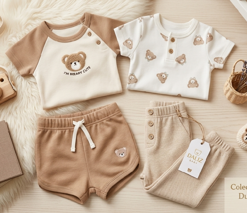 CONJUNTO DE 4 PIEZAS TIPO MAMELUCO PARA NIÑO CUTIE BABY TONOS CREMAS