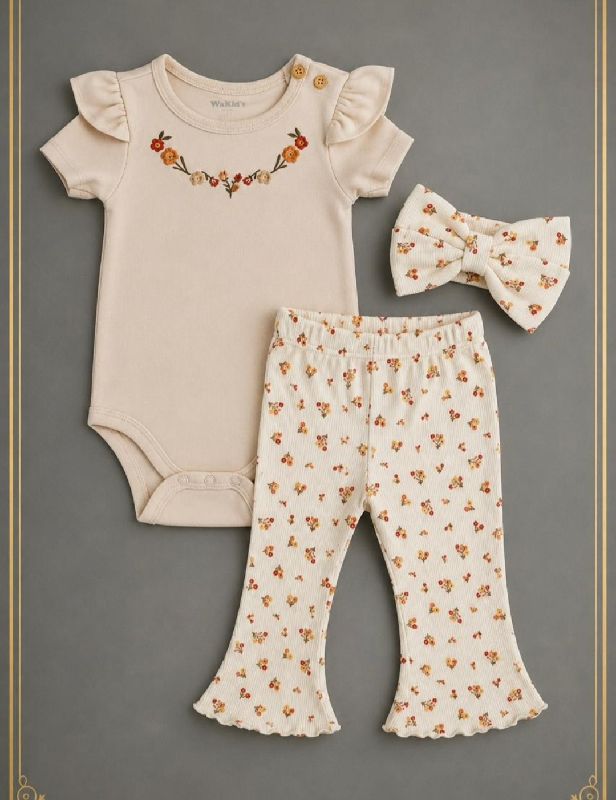 CONJUNTO DE 3 PIEZAS WAKIDS  CREMA CON ESTAMPADO FLORES
