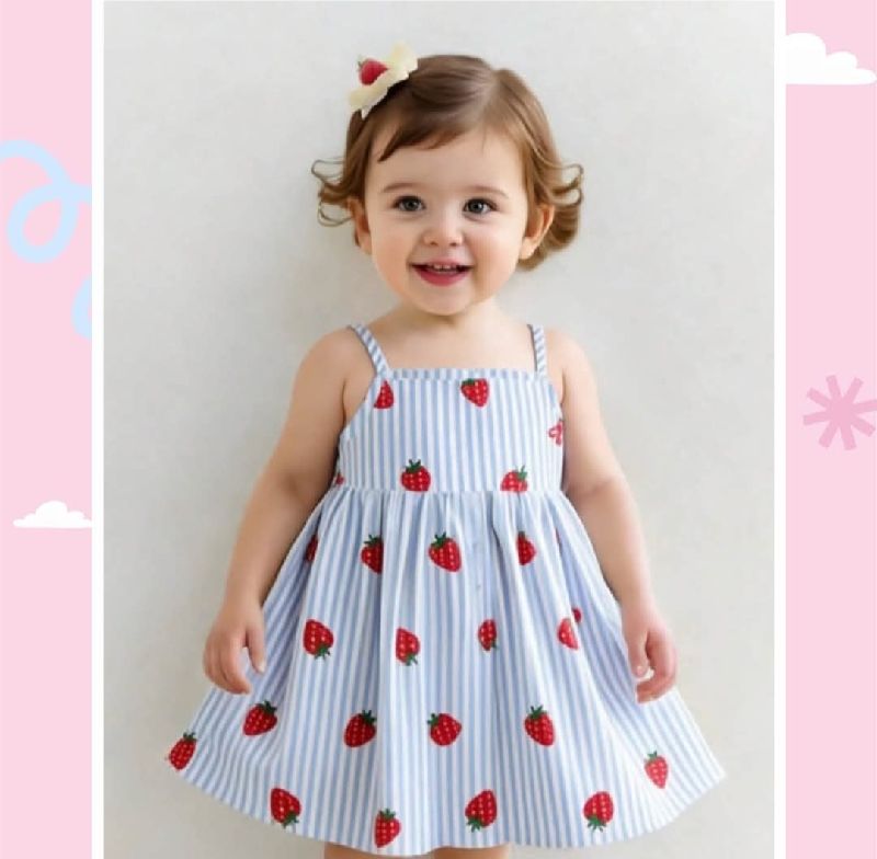 VESTIDO CELESTE A RAYAS ESTAMPADO DE FRESAS
