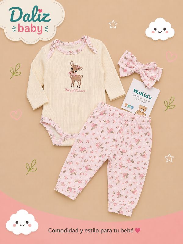 CONJUNTO TIPO MAMELUCO DE 3 PIEZAS PARA NIÑA WAKIDS 3-6 M