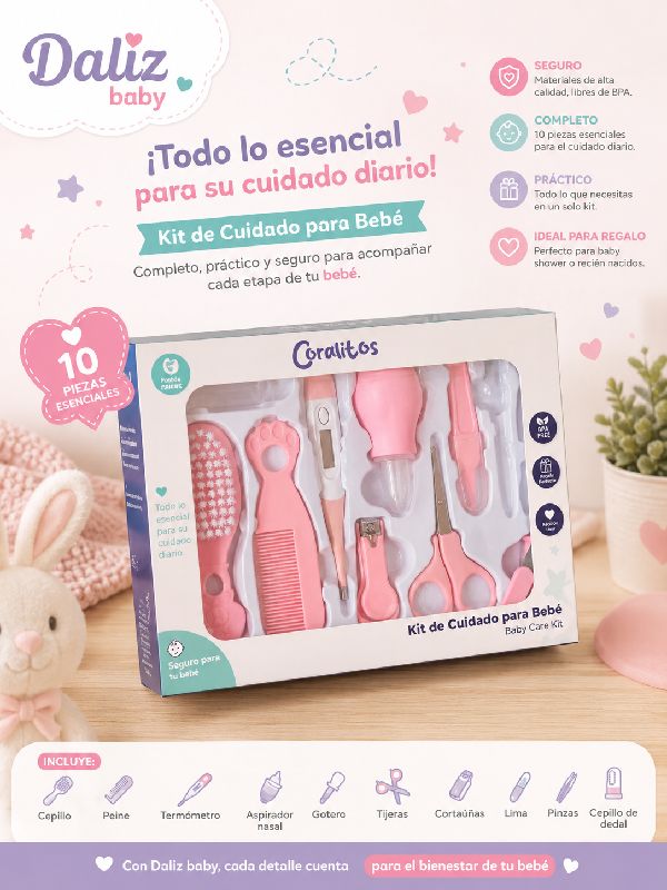 KIT DE HIGIENE DE CUIDADO PARA BEBÉ DE 10 PZS CORALITO