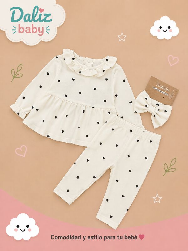 CONJUNTO DE 3 PIEZAS TINY TOTS  FONDO PASTEL CON ESTANPADO DE CORAZON Y LAZO