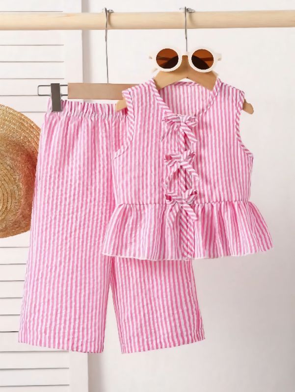 CONJUNTO A RAYAS TONO ROSA CON LAZOS FRONTALES