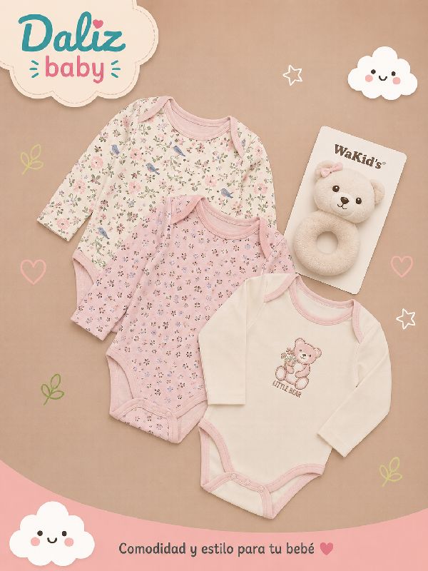 MAMELUCO DE 3 PIEZAS WAKIDS CON CHINCHIN OSITO DE NIÑA 6-9 M