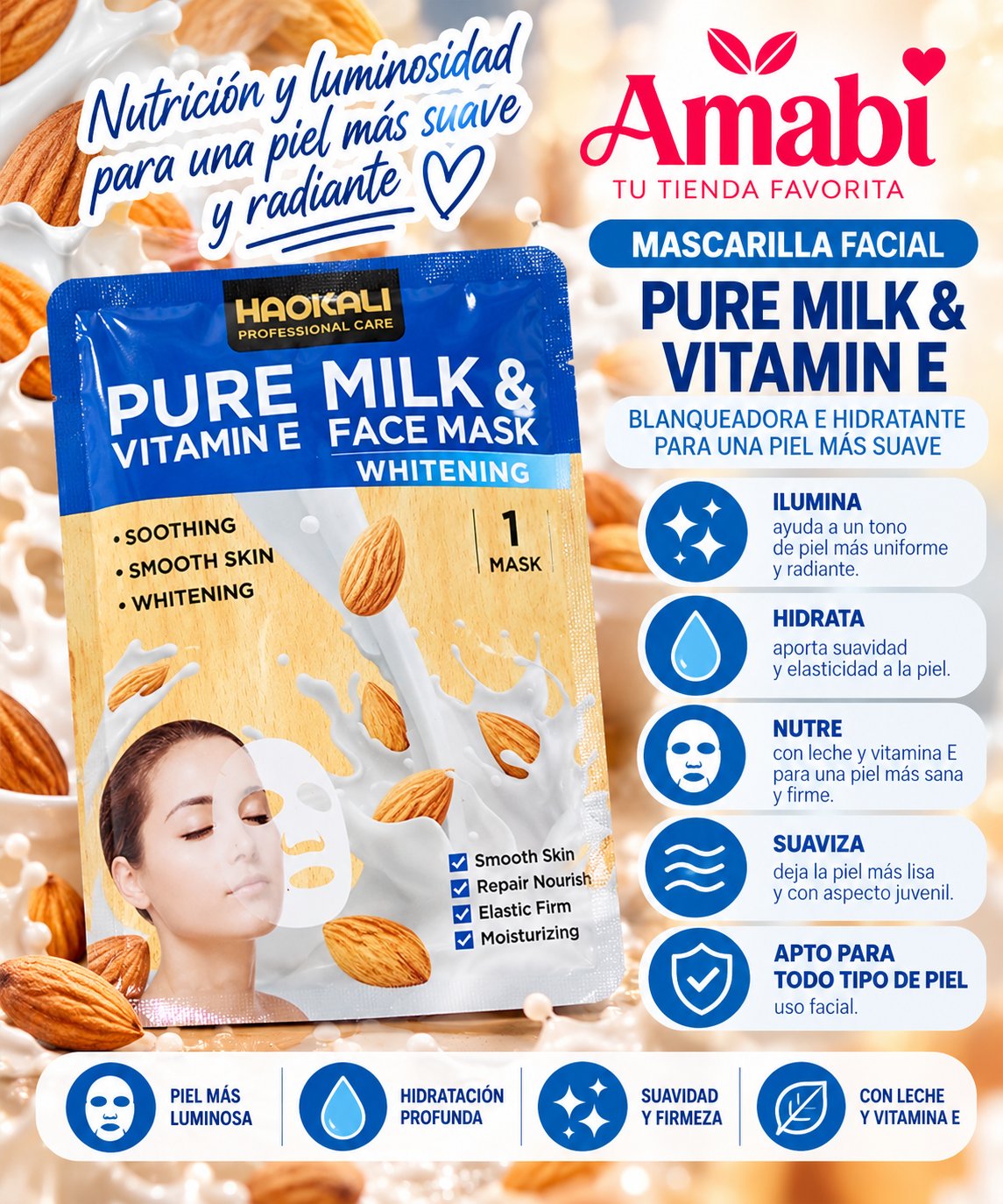 Mascarilla Facial HAOKALI Leche y Vitamina E