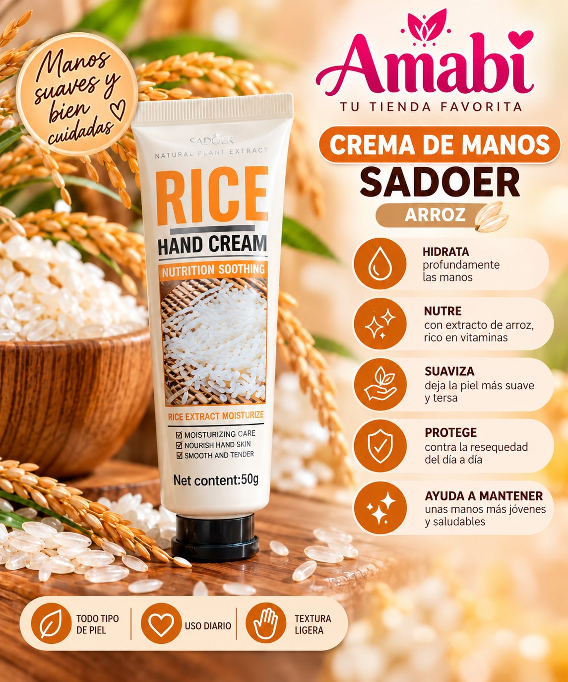 Crema de Manos MEIKE GLAMOUR Arroz Blanco