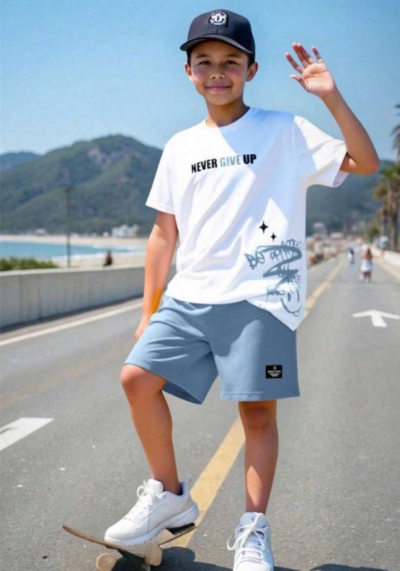 Conjunto NEVER GIVE UP Blanco Con Short Azul