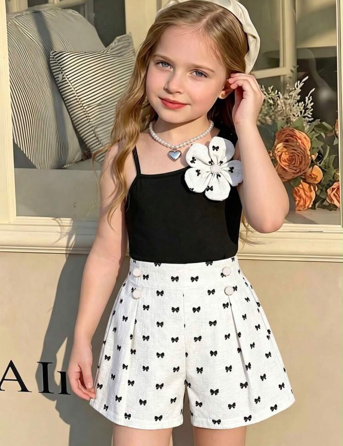 Conjunto Falda Short blanco y negro aplique flor niña