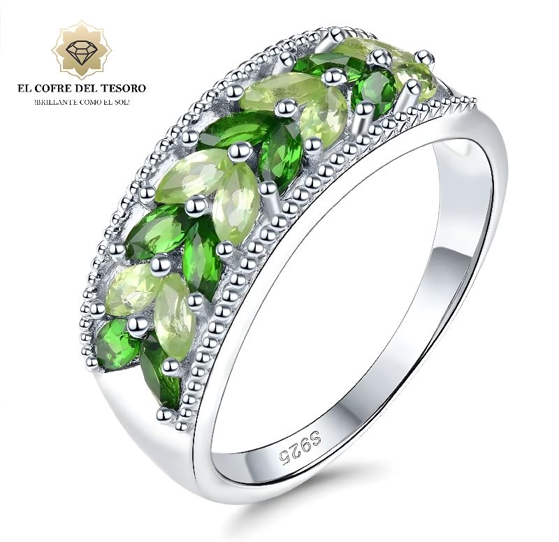 Banda de compromiso Belleza verde,Plata 925, Piedras Preciosas Peridoto y Diopsiodo de Chromo Natural.