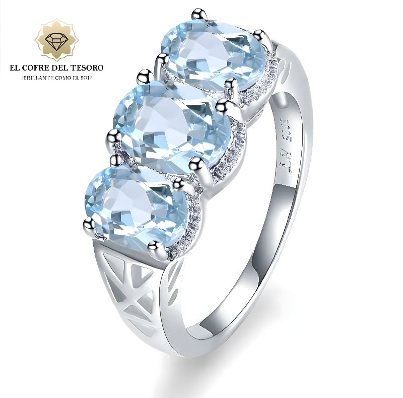 Anillo Cielo, Plata 925, Piedra Preciosa Topacio Azul Cielo Natural.