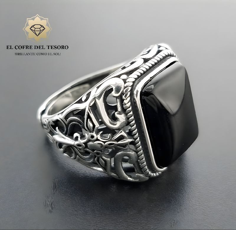 Anillo para caballero vintage, Plata 925, Piedra Onix Negro Natural, Rhodium Plated.