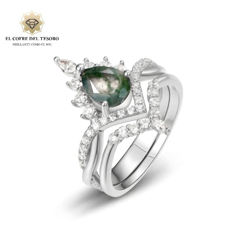 Anillo de Compromiso de 2 piezas , Plata 925, Piedra Agata musgosa Natural de Madagascar.