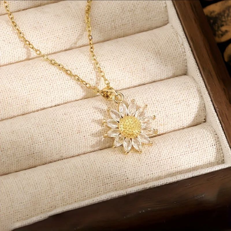COLLAR CADENA CON DIJE GIRASOL DE PIEDRAS DE ACERO DE TITANIO 45CM