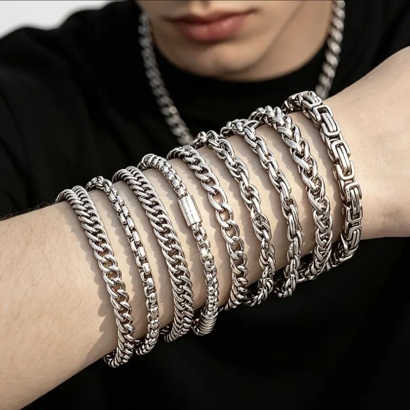 PULSERA PLATA CADENA GRUESA MULTIESTILO DE ACERO INOXIDABLE 21CM