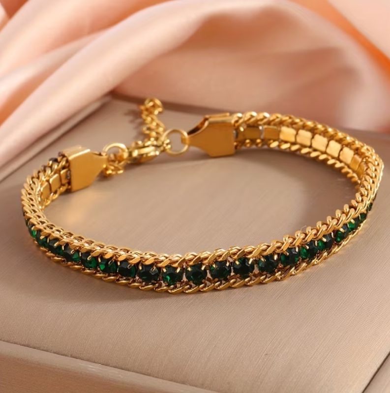 PULSERA ZIRCONIO CUBICO VERDE ACERO INOXIDABLE 17CM