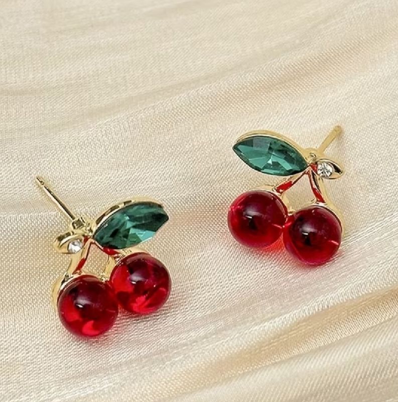 PENDIENTES CEREZA BRILLANTE ROJA ACERO INOXIDABLE