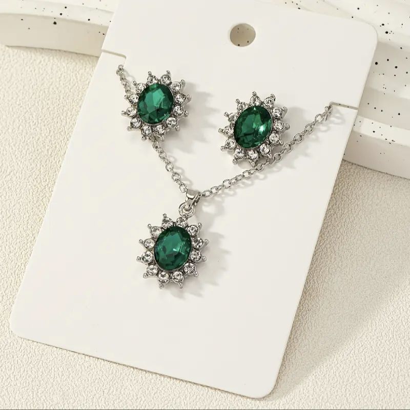 SET PENDIENTES MAS COLLAR PLATA CON PIEDRAS VERDES DE 53CM