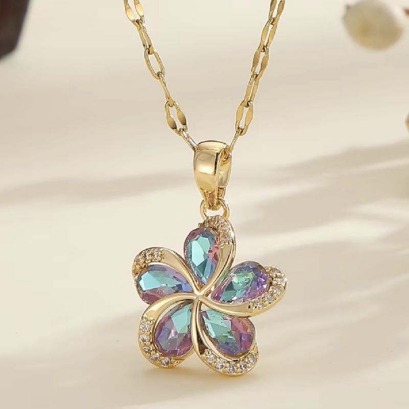 COLLAR CADENA CON DIJE DE FLOR EN PIEDRAS DE ACERO INOXIDABLE 45CM