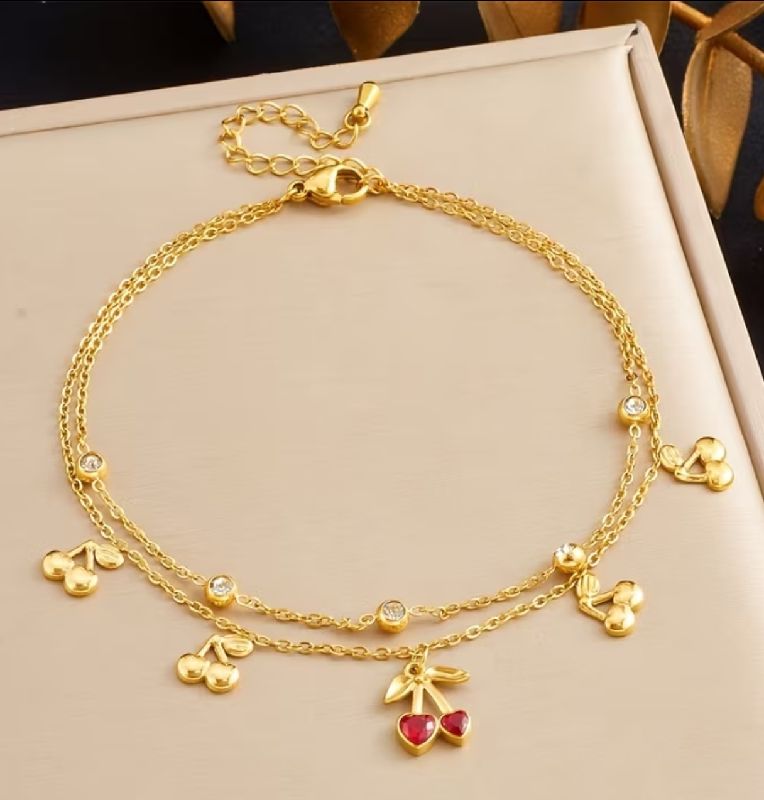 TOBILLERA DOBLE CAPA CEREZAS DORADA ACERO INOXIDABLE 21CM
