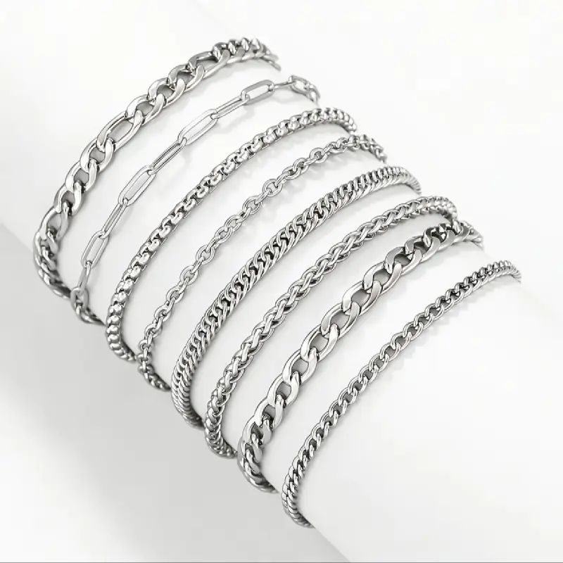 PULSERA CADENA PLATA MULTIESTILO DE ACERO INOXIDABLE 19CM