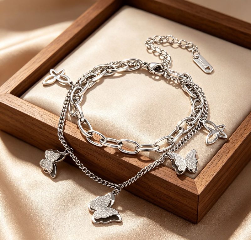 pulsera doble mariposa plateada