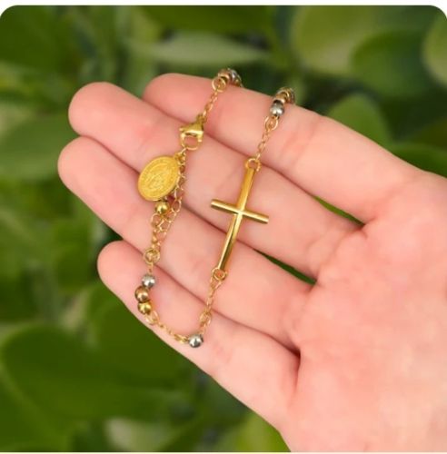 pulsera bolitas cruz/medalla oro - plata