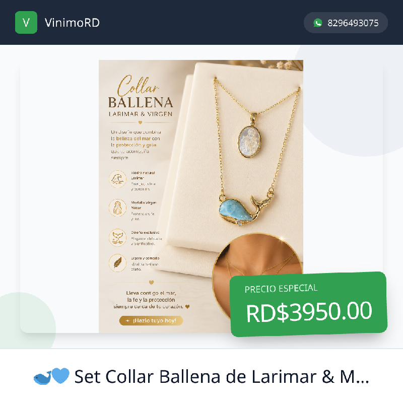 Set de collar ballena de larimar y medalla de nácar