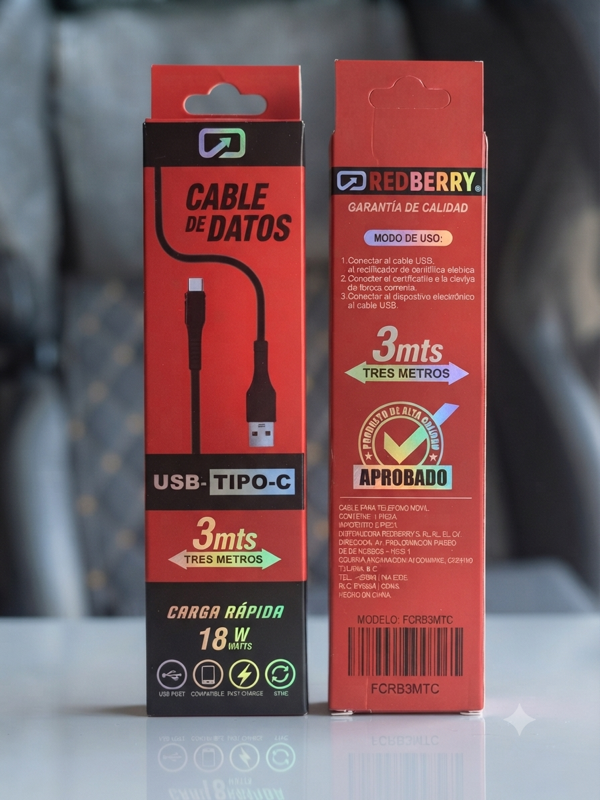 CABLE DE DATOS USB A TIPO-C REDBERRY 3M 18W (NEGRO)