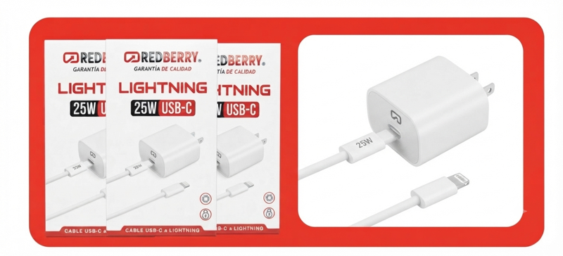 CARGADOR 25W LIGHTNING REDBERRY (BLANCO)
