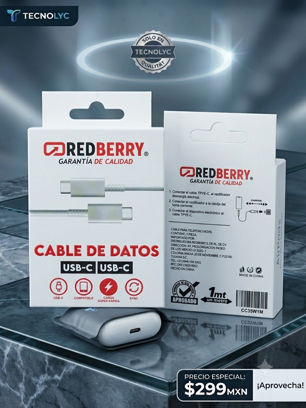 CABLE DE DATOS USB-C A USB-C REDBERRY 35W 1M⁠