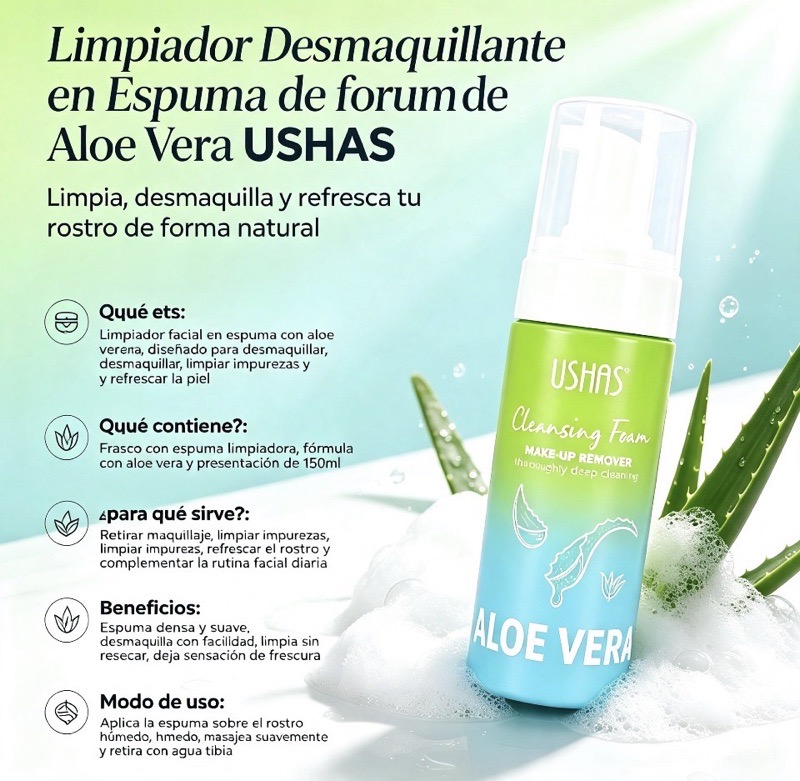 Limpiador Desmaquillante en Espuma de Aloe Vera USHAS