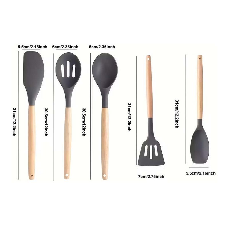 Set de Utensilios de Cocina de Silicona x5 con Mango de Madera | Antiadherentes