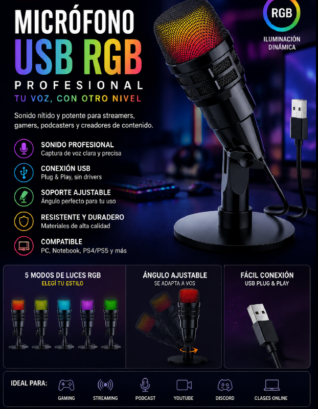 Micrófono USB Profesional RGB para PC Streaming Gaming y Podcast