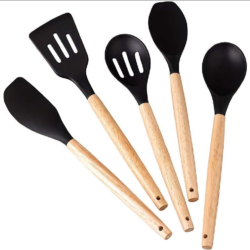Set de Utensilios de Cocina de Silicona x5 con Mango de Madera | Antiadherentes