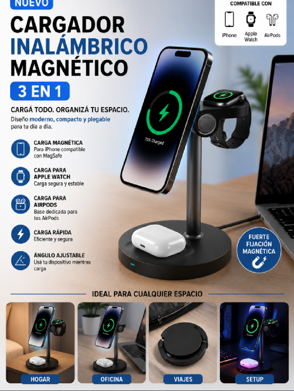 Cargador Inalámbrico Magnético 3 en 1 para iPhone, Apple Watch y AirPods